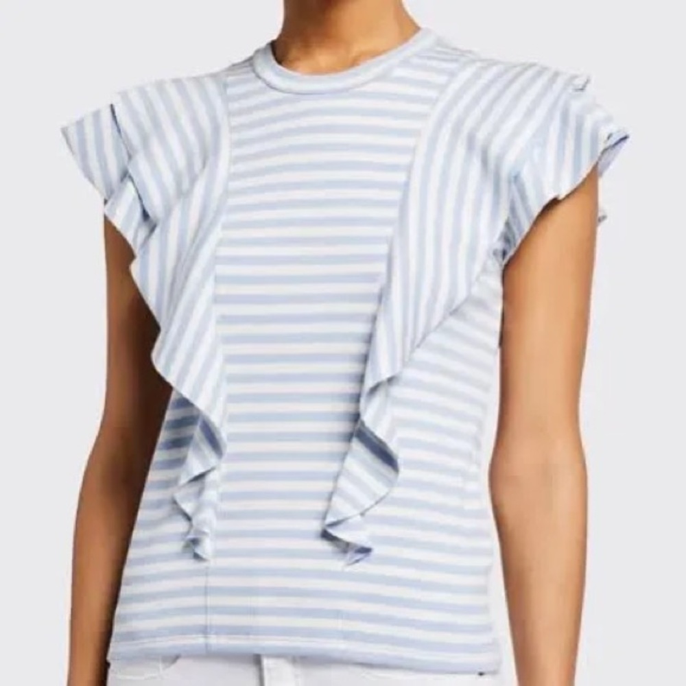 Veronica Beard Bea Light Blue & White Striped Ruffle Sleeve Tee